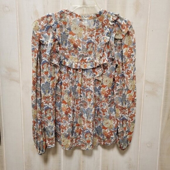 100% Silk Frye Ruffle Blouse Boho Peasant Balloon Sleeve - Picture 3 of 12